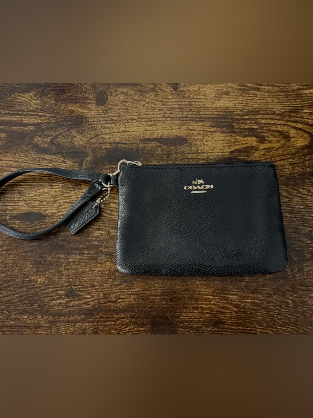 Coach Black Leather Wristlet with Silver Logo